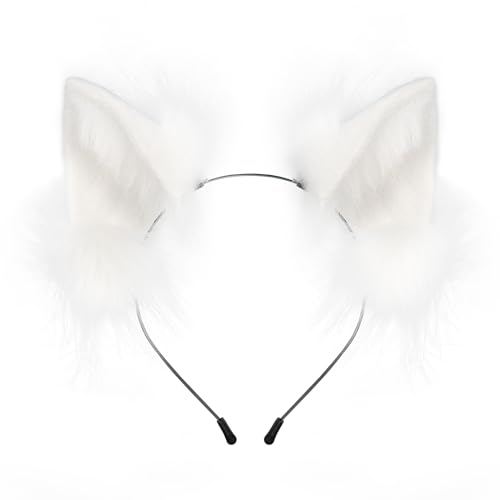 White Furry Cat Wolf Fox Ears Headband for Halloween Cosplay