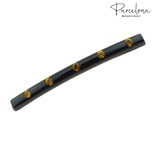 Parcelona French Long Narrow Celluloid Hair Barrette with Crystals - Shell Brown, No Slip Grip, Made in France