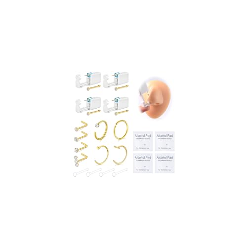 DJCIW Gold Style 20PCS Nose Piercing Kit with L-Shaped CZ Studs & Hoop Rings