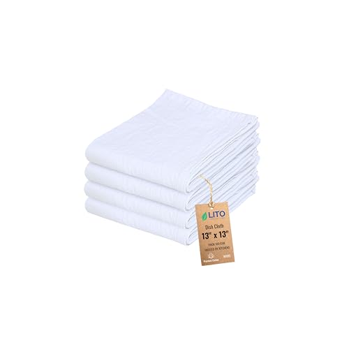 LITO Cotton Dish Cloths - Absorbent Kitchen Towels, 4 Pack 13"x13"