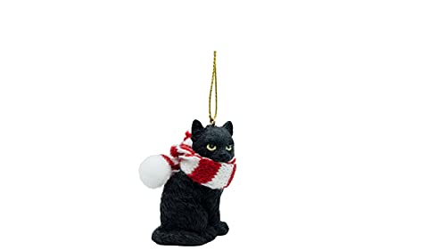 Black Longhair Tabby Cat Ornament with Candy Cane Scarf