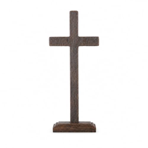 Rustic Distressed Standing Cross - 11 Inch Dark Wood Grain Resin Decor