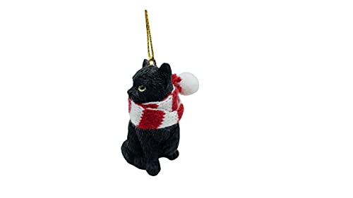 Black Longhair Tabby Cat Ornament with Candy Cane Scarf