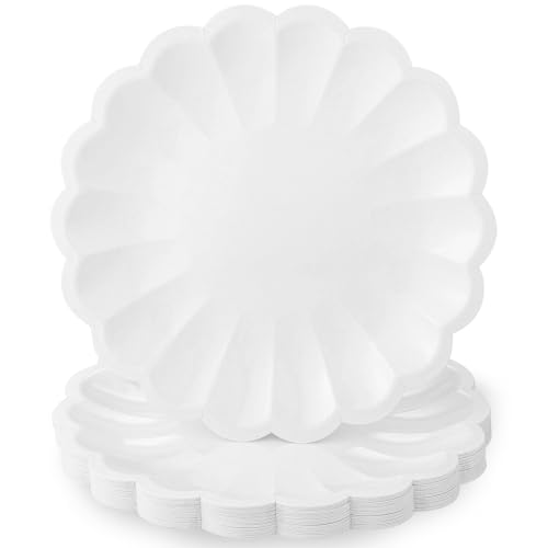 30 Pcs White Scalloped Paper Plates - Heavy Duty Disposable Party Plates