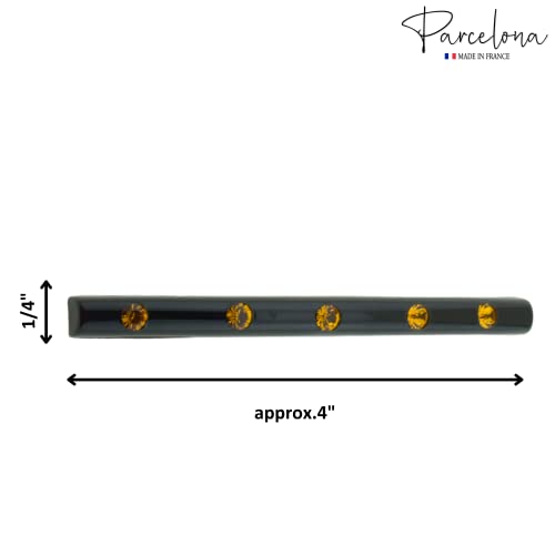 Parcelona French Long Narrow Celluloid Hair Barrette with Crystals - Shell Brown, No Slip Grip, Made in France