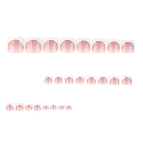 Short Pink French Tip Press On Toenails with Rhinestone Design - 24 Pcs