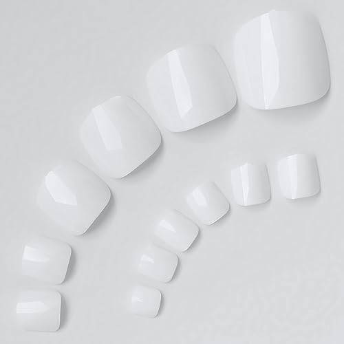 LuckForever White Press On Toenails Kit with 240 Tips & Adhesive Tabs - Short Square Fake Toenails for DIY Pedicure