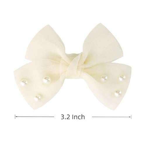 Ivory 3.2-inch Dreamy Tulle Hair Bows with Pearls - Alligator Clips for Baby Girls & Toddlers - Elegant Gift-Ready Accessories