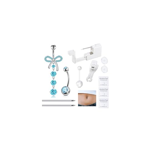 DJCIW 12PCS Belly Button Piercing Kit with Silvery Blue CZ Butterfly - 10mm 12mm 14mm