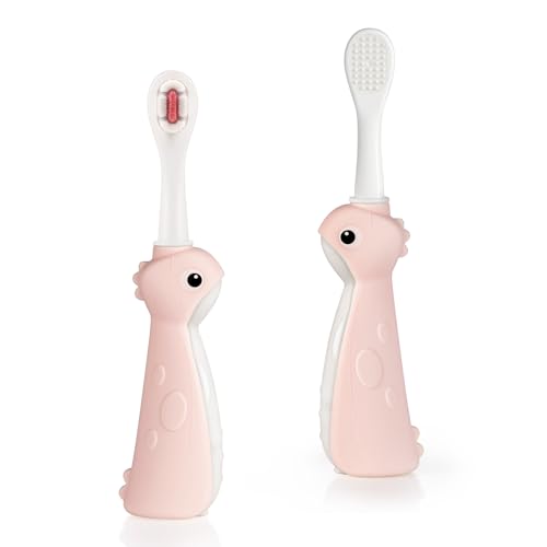Haakaa Dinosaur Toothbrush for Kids 2-4 - Pink 2 Count with Silicone No-Slip Handle, Tongue Cleaner