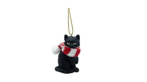Black Longhair Tabby Cat Ornament with Candy Cane Scarf