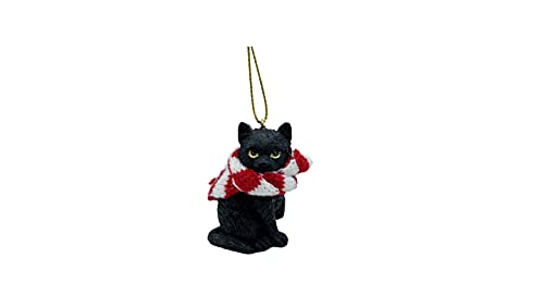 Black Longhair Tabby Cat Ornament with Candy Cane Scarf
