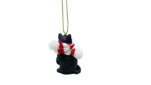 Black Longhair Tabby Cat Ornament with Candy Cane Scarf