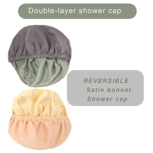 Genergy 2-Pack Satin Lined Shower Caps for Women - Light Grey & Apricot, Adjustable, Waterproof, Frizz-Free