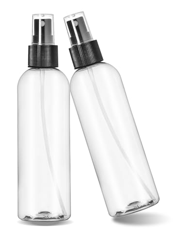 8 oz Clear PET Spray Bottle with Black Mist Sprayer – Refillable Cosmetic/Essential Oil Bottle, Pack of 2, Made in USA