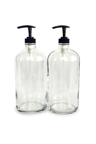 Vivaplex 32 oz Clear Glass Bottles with Black Lotion Pumps - 2 Pack
