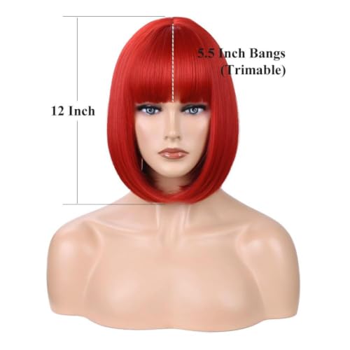 Red Bob Wig with Bangs 12 Inch Short Straight Synthetic Hair for Women - Nereyda
