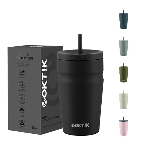 COKTIK 16oz Insulated Stainless Steel Tumbler with Lid & Straw - Travel Coffee Cup