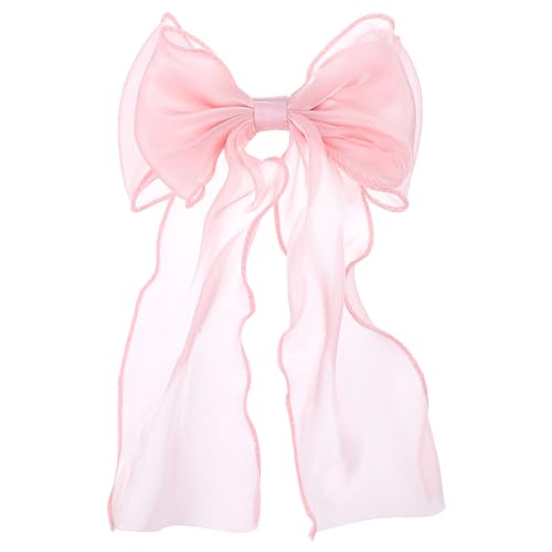 Large Pink Bow Hair Clip with Long Ribbon Tail for Women & Girls