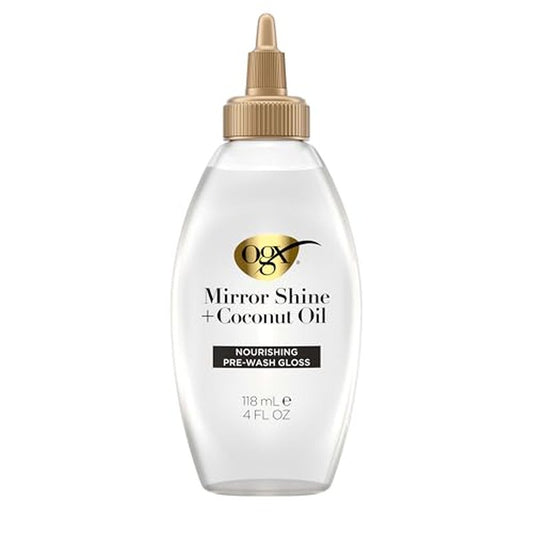 OGX Mirror Shine + Coconut Oil Pre-Wash Hair Gloss, Nourishing Rinse Out Hair Treatment for 48 Hours of Glossy Shine & Damage Repair, Lightweight Oil Mends Split Ends, 4 fl. oz
