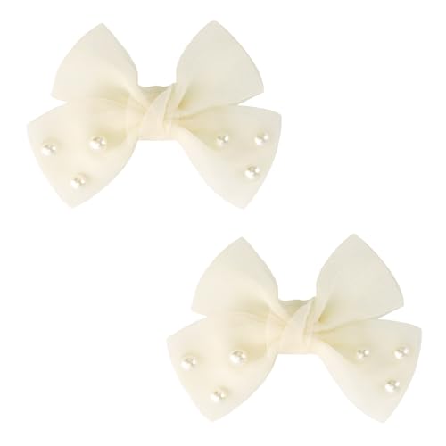 Ivory 3.2-inch Dreamy Tulle Hair Bows with Pearls - Alligator Clips for Baby Girls & Toddlers - Elegant Gift-Ready Accessories