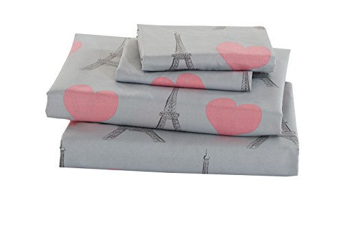Full Size Linen Plus Sheet Set for Girls - Paris Eiffel Tower Hearts - Grey & Pink