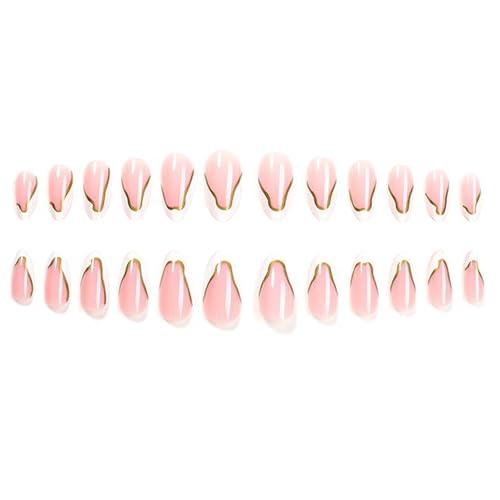 White French Tip Almond Press-On Nails with Gold Wave Designs - 24pcs