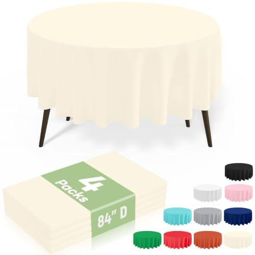 84" Round Disposable Plastic Tablecloths - 4 Pack, Beige