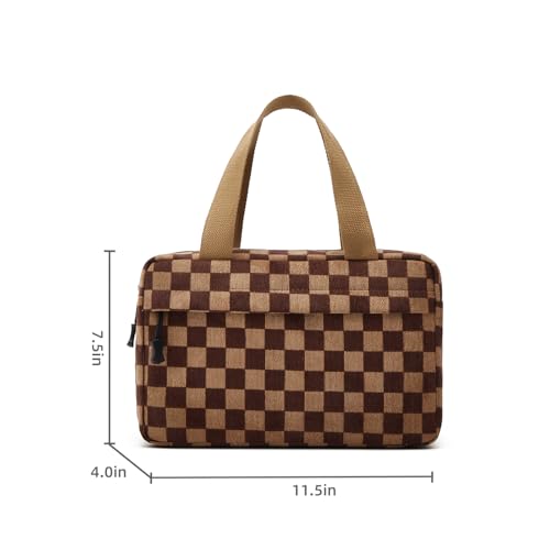 Dark Brown Checkered Makeup Bag for Women - Corduroy Cosmetic Organizer