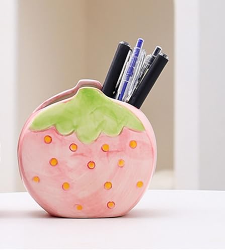Strawberry Ceramic Makeup Brush Holder - Cute Desktop Desk Organizer