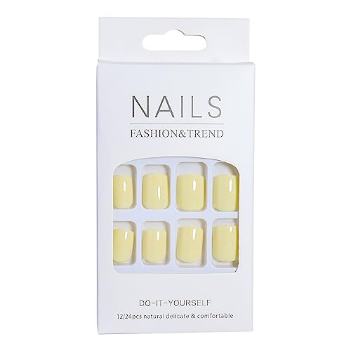 LPOODDNU 24Pcs Short Square Acrylic Press-On Nails - Light Yellow