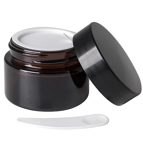 1oz Amber Glass Jar with Black Lid & Spatula - Empty Cosmetic Container