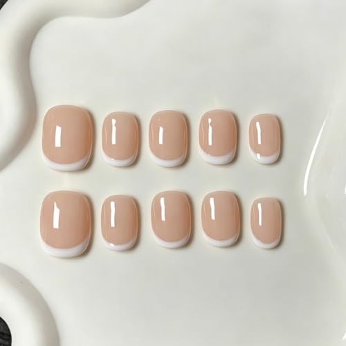 Short Almond Press on Nails - Nude White French Tip Acrylic Gel Nails