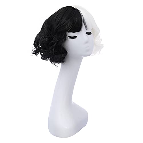 MAGQOO Half Black White Wavy Wig for Women Short Curly Cosplay Halloween Costume