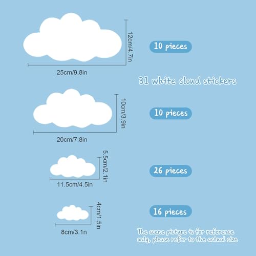 62PC White Cloud Wall Decals - Removable Stickers for Kids' Rooms