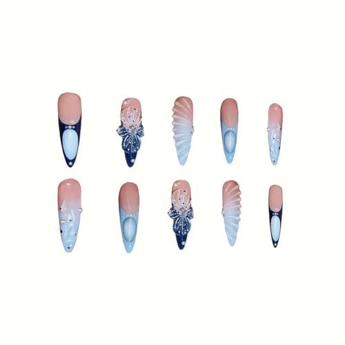 Sevgob Long Almond Press On Nails - Flower Charm Blue French Tips - Summer Fake Nails (4 Long Nails Variant)