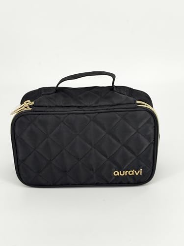 aura'vi Travel Makeup Bag with Mirror - Medium Black Cosmetic Organizer