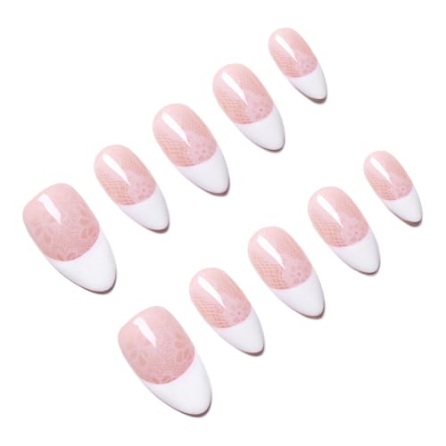 MOKAYIMO Handmade White Lace French Tip Press On Nails, Size L