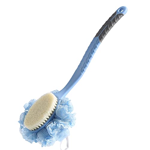 HONOMA 16in Shower Back Scrubber Brush with Nylon Bristles & Mesh Loofah - Curved Non-Slip Handle