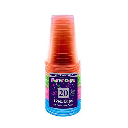 12-Ounce Assorted Neon Plastic Party Cups - 20 Count