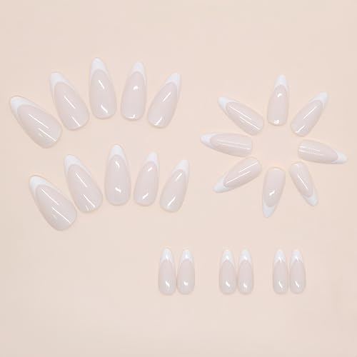 Almond White French Tip Press On Nails - 24 Pcs Reusable Fake Nails