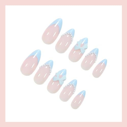 24Pcs Blue French Tip Press On Nails with 3D Bow Design