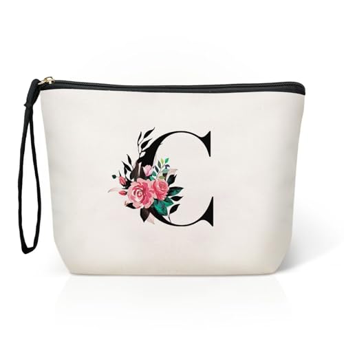 Personalized Floral Initial Makeup Bag for Women - Travel Cosmetic Pouch, White