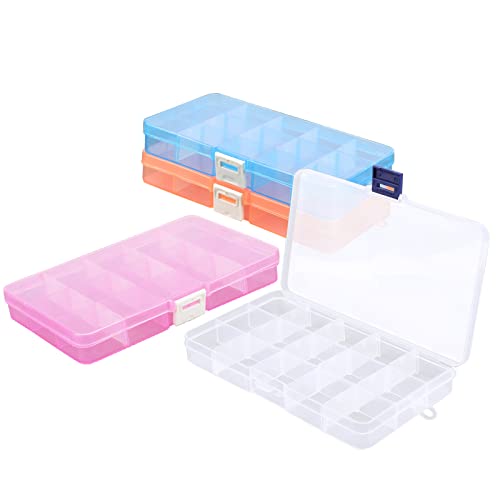 COSICS 4PCS Small Plastic Jewelry & Bead Organizer Case with Adjustable Dividers, 6.7" x 3.7" (Blue/Pink/Orange)