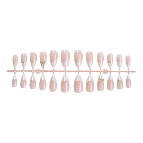 Gold Almond Press On Nails with White French Tips - 24 Pcs Set