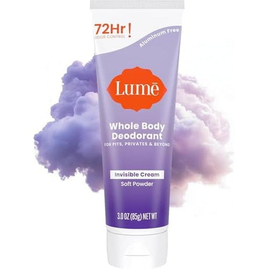 Lume Whole Body Deodorant - Invisible Cream Tube - 72 Hour Odor Control - Aluminum Free, Baking Soda Free, Skin Safe - 3.0 ounce (Soft Powder)