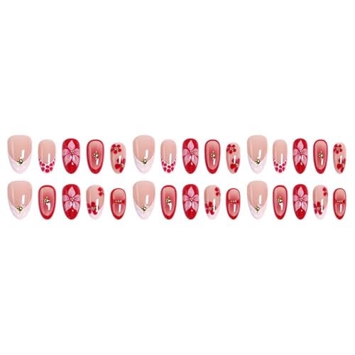 STADWWK 30Pcs Short Almond Press On Nails with 3D Flower Bead Stars Design, Reusable Pink Nude Fake Nails for Summer Manicure