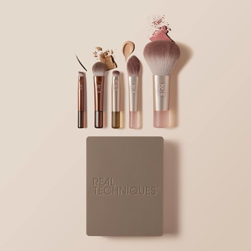 Real Techniques Mini Brush Set with Mirror - 6-Piece Travel Makeup Kit, Nudes