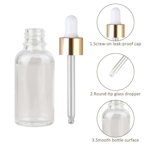 1oz Clear Glass Dropper Bottles - 12-Pack with Gold Caps & Labels