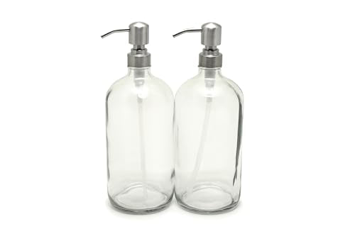 Vivaplex 32 oz Clear Glass Bottles with Stainless Steel Lotion Pumps (2 Pack)